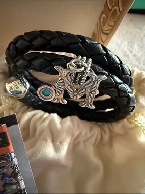 American West Black Braided Leather “M” Wrap Bracelet - Silver & Turquoise NIB